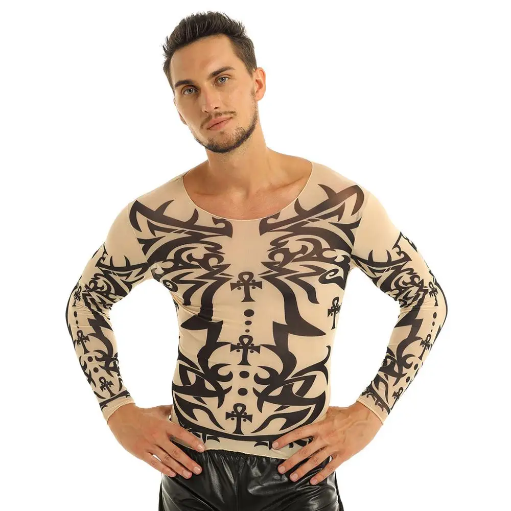 FEESHOW Men Fake Tattoo Design Elastic Long Sleeve T-Shirt Sweater Tattoo Mesh O-Neck Tee For Halloween Costumes Carnival Shirts