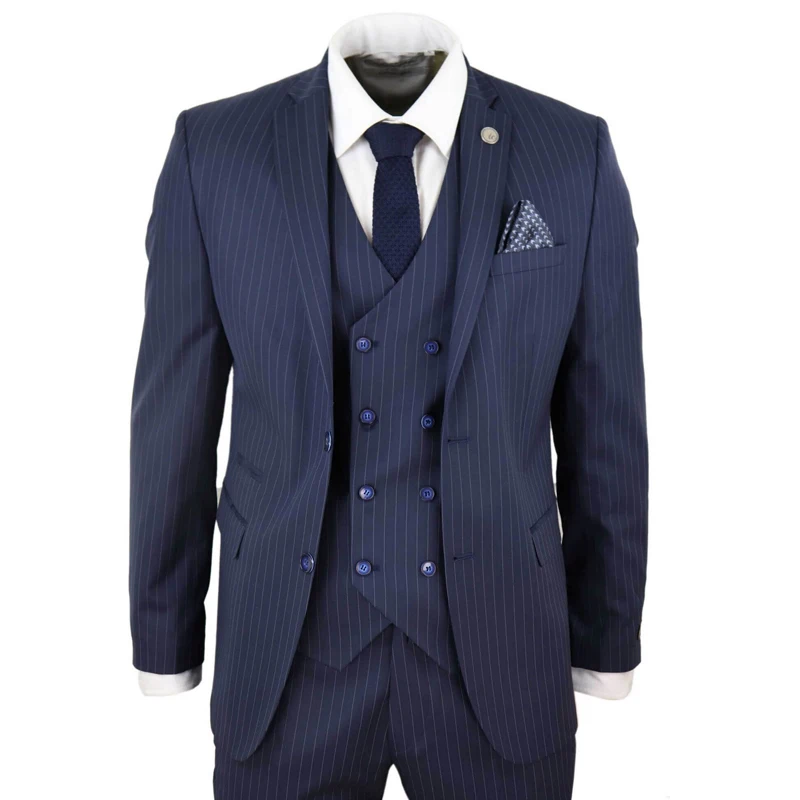 

Men's Suit 3 PICS Suit Navy Lapel Pinstripe Double-Breasted Slim Fit For Formal For Wedding Groom Clothing (Blazer+Vest+Pants)