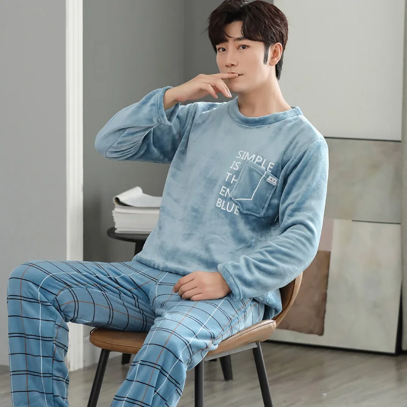 Ｗinter Men Coral Fleece Pajamas Thick Warm Mens Sleepwear Long Sleeve Tops+Plaid Pants Two Piece Set Male Pyjama Nighty Homewear