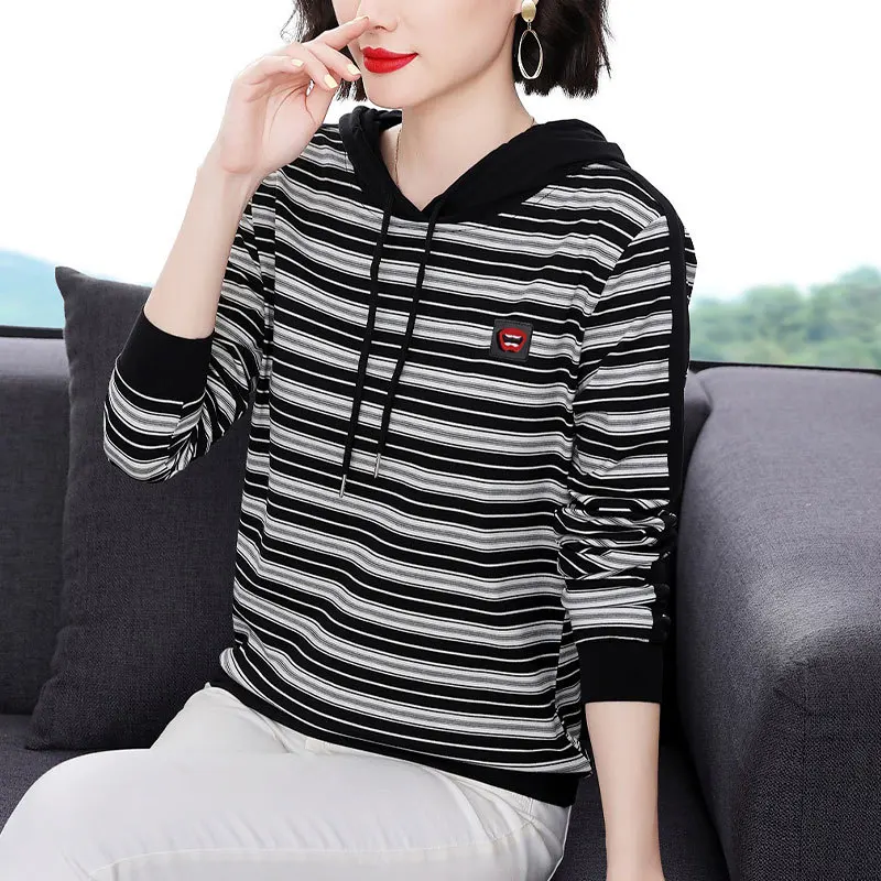 Oder Cotton Spring and Autumn Hoodie Loose Stripe T-shirt Women's 2021 New Pullover Casual Long Sleeve Hoodie