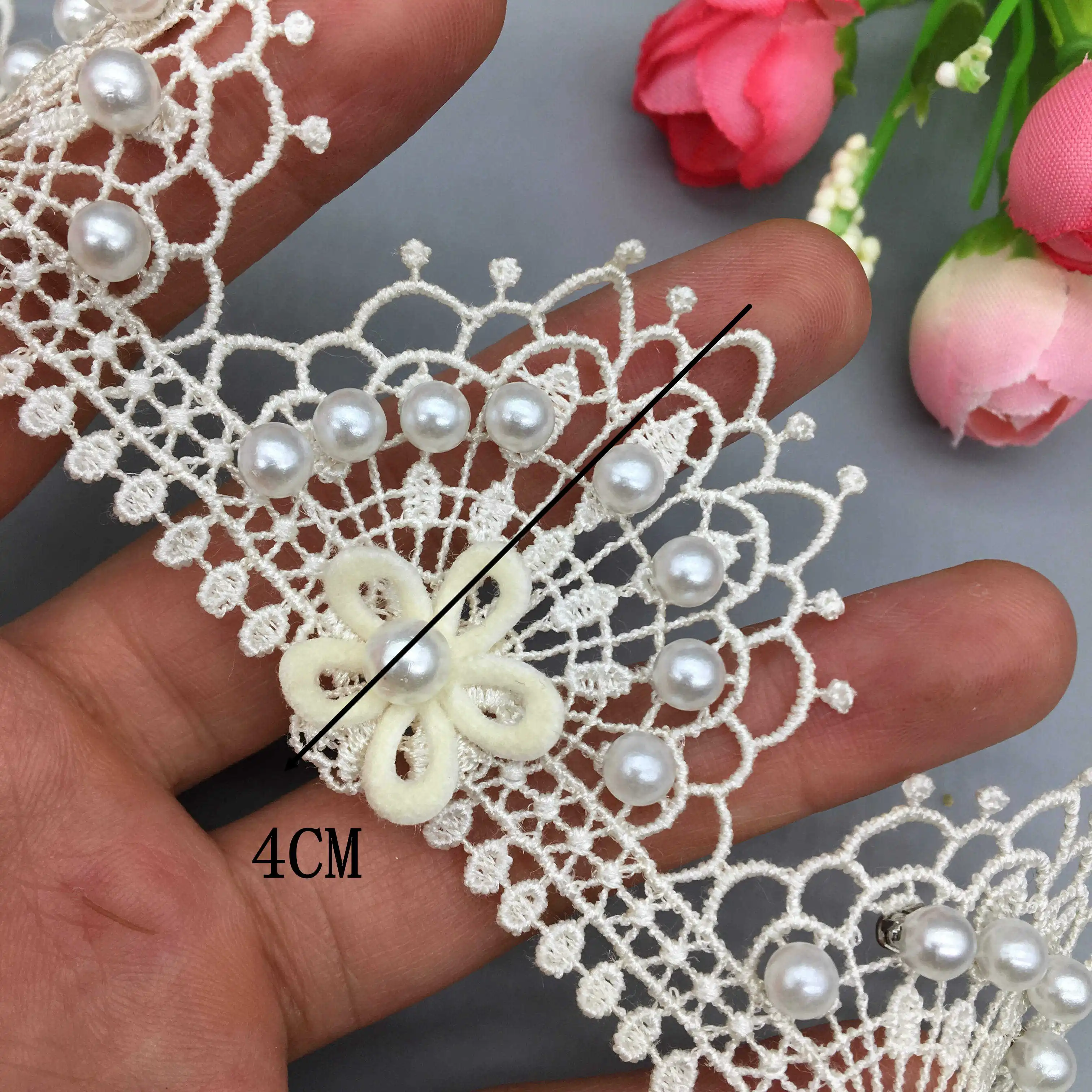 Garniture en dentelle brodée, 1 mètre 4cm, perle de paon abricot, fleur perlée, ruban, bricolage, décoration artisanale de couture de robe de mariée