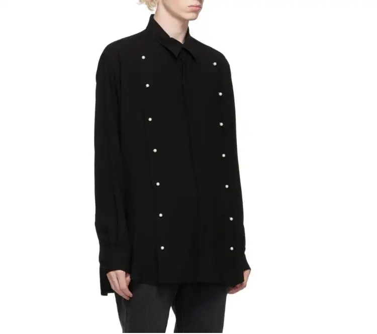 S-7XL!!2023 Black loose-fitting shirt with long sleeves front and short back and pearl buttons