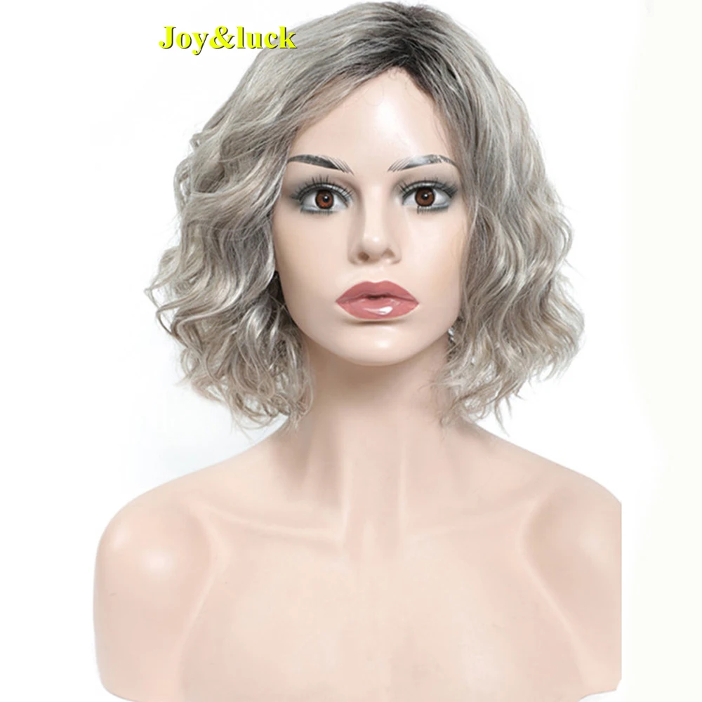 Joy&luck Short Water Wave Wig Ombre Grey Synthetic Wigs For Women Hair Wigs With Bangs Cosplay Or Party Hair Wigs