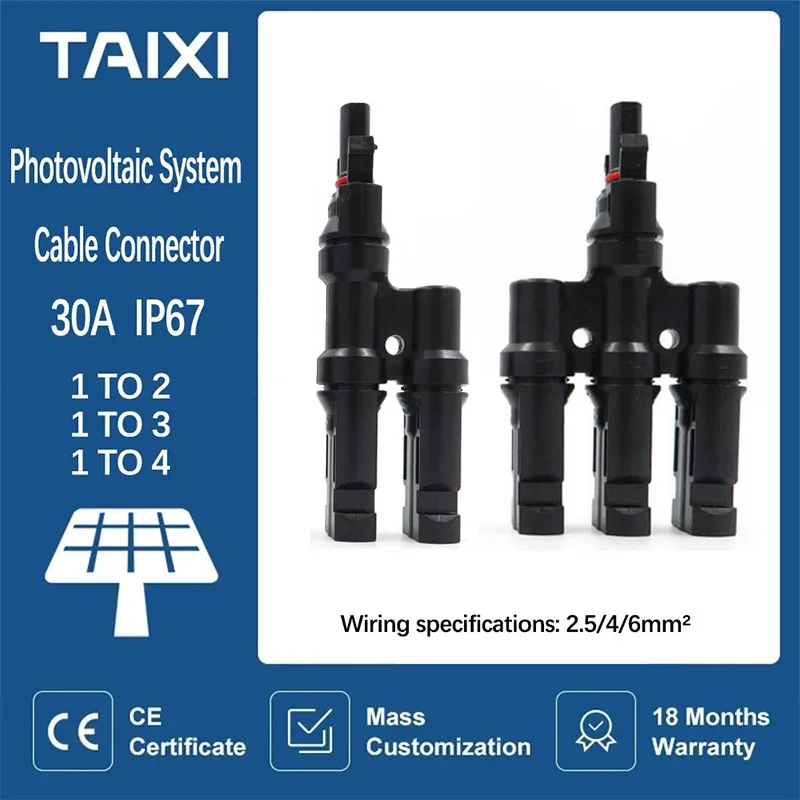 Solar 2/3/4/5/6 Branch Y T Connector Parallel Connection 1000V 30A Paraeel Cable Connector IP67 Solar Panel PV  Connector