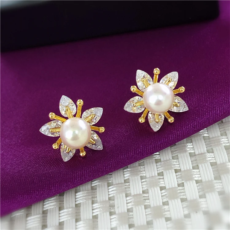 Wholesale Gold Plated Flower Shape Stud Earrings Mountings Findings Jewelry Settings Parts for Pearls Beads Stones, 10pairs/lot