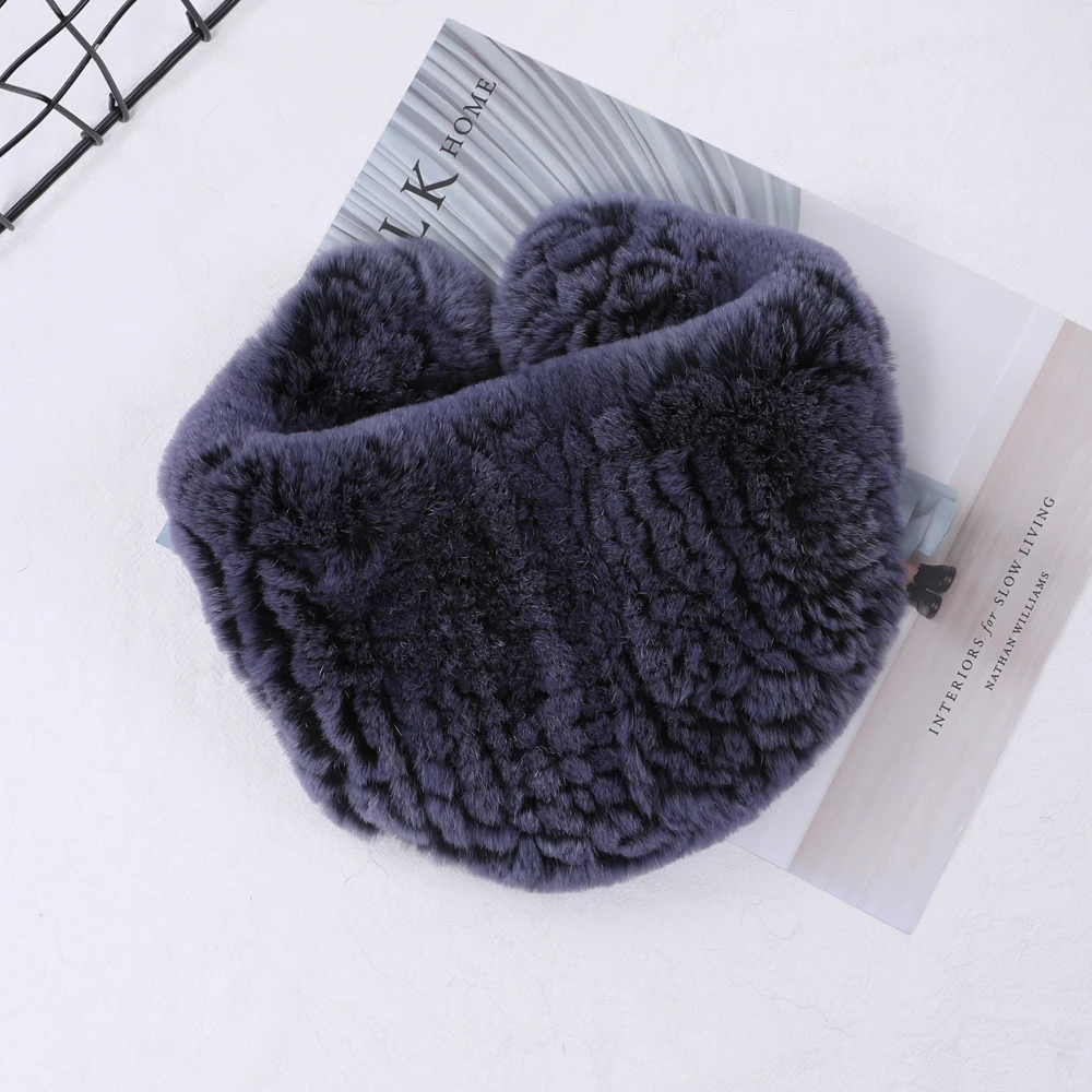 2020 Women Real Fur Handmade Winter Knitted Fur Scarf Genuine Rex Rabbit Fur Headbands Girls Ring Cowl Snood Scarves Triangle