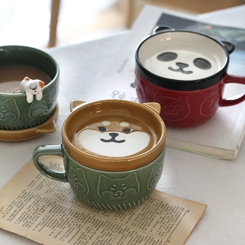 Japonês bonito caneca criativa cerâmica shiba inu panda xícara de café com tampa casa casal leite café da manhã xícara de água