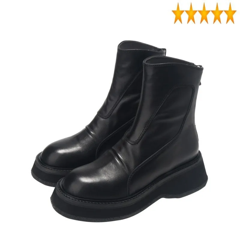 

Ankle Bottom Autumn Thick British Increase Platform Zipper Classic Black Genuine Leather Shoes Winter Fleece Short Boots