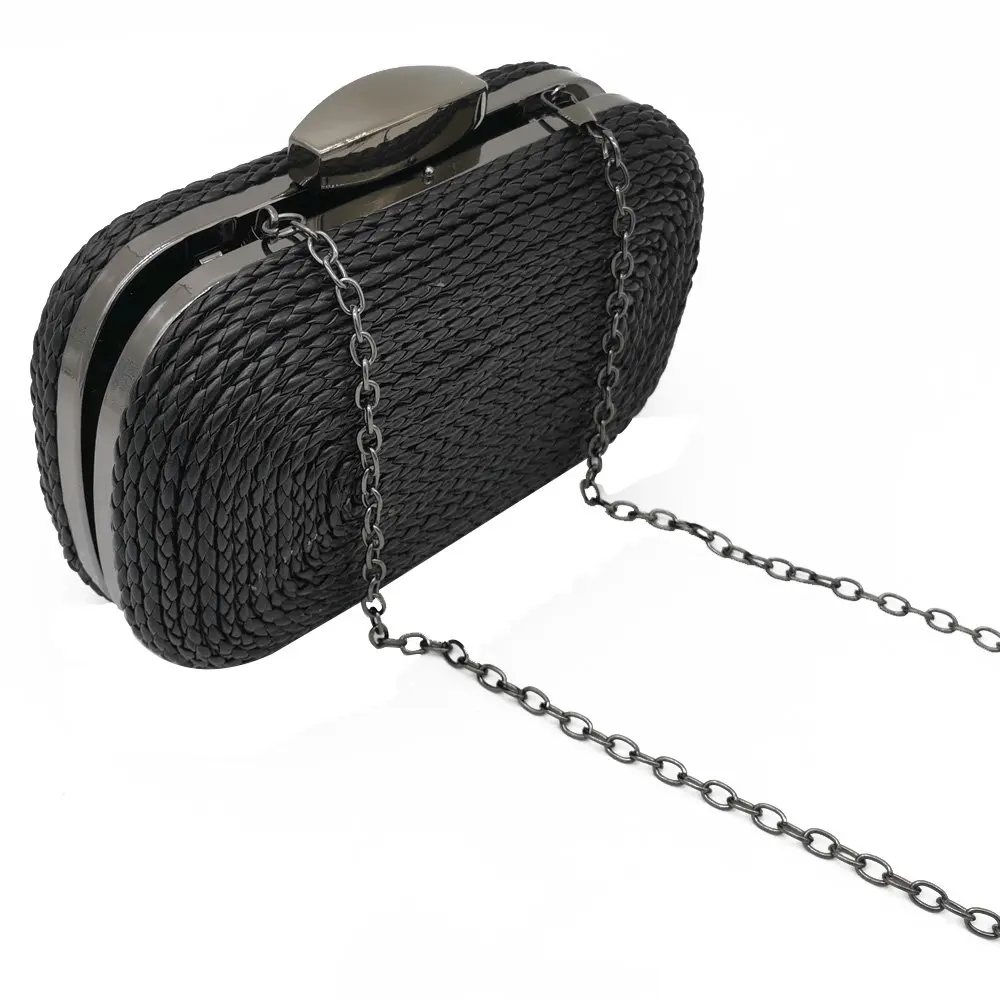 Boutique De FGG Casual Women Clutches Black Evening Bag Woven Knited PU Metal Clutch Bag Hard Case Ladies Chain Shoulder Handbag