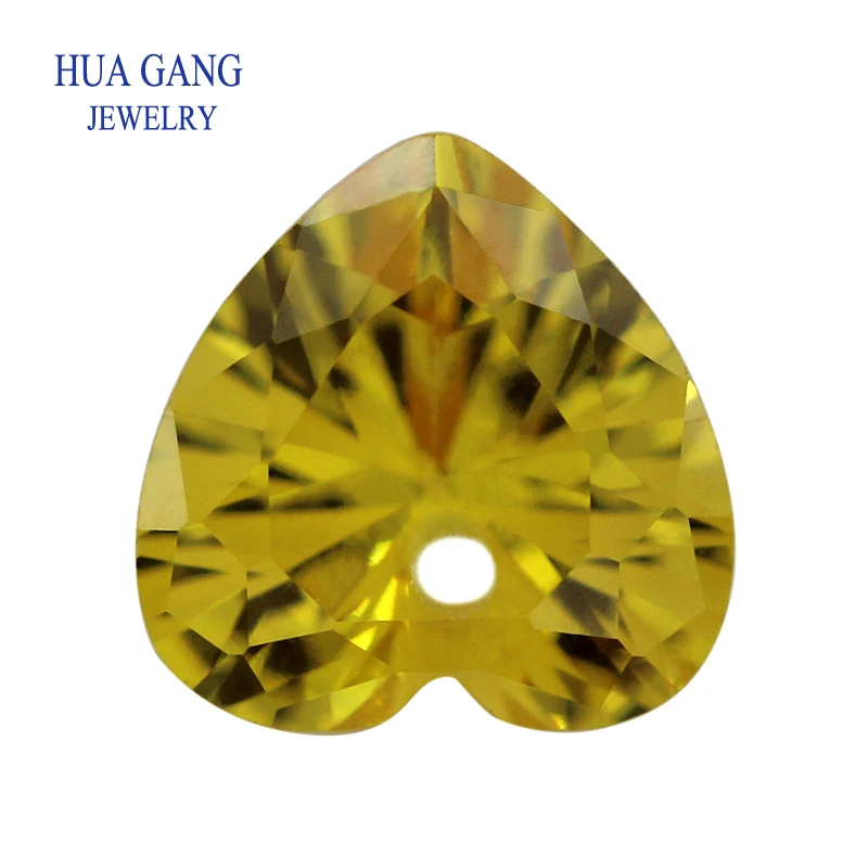 Yellow Loose CZ With Hole AAAAA Heart Shape Cubic Zirconia Stone Loose For DIY Jewelry Making Zircon4x4~12x12mm High Quality