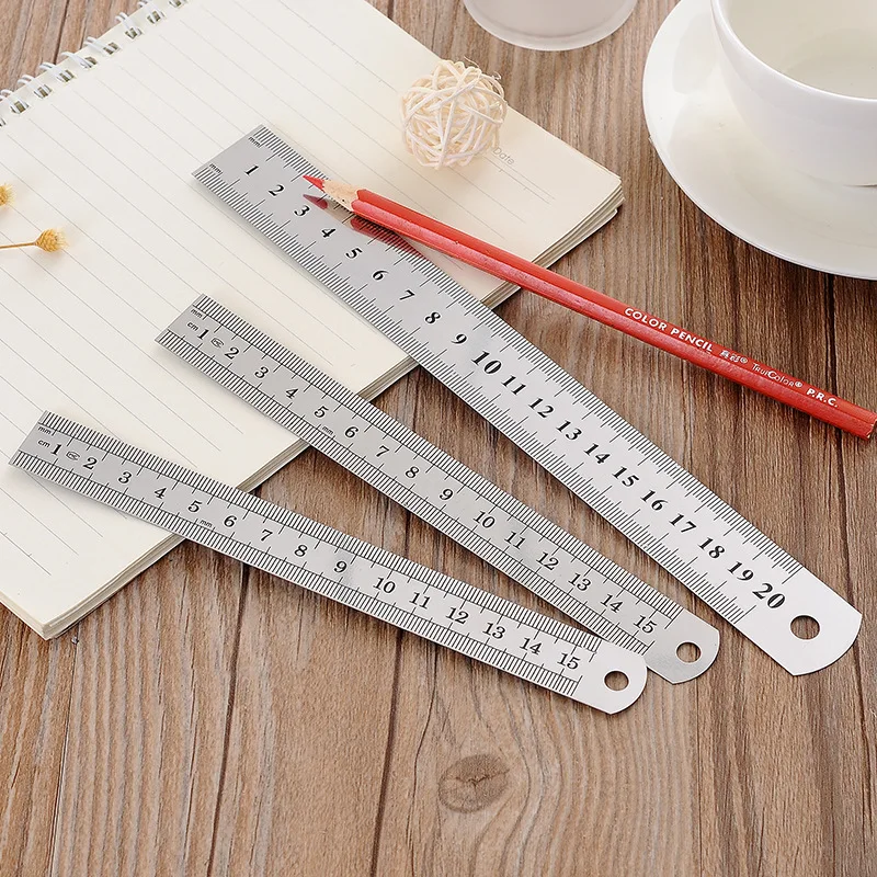 1pce 15cm 20cm Silver Steel Ruler Scale Drawing Ruler Stainless Steel Ruler Office Stationery Wholesale