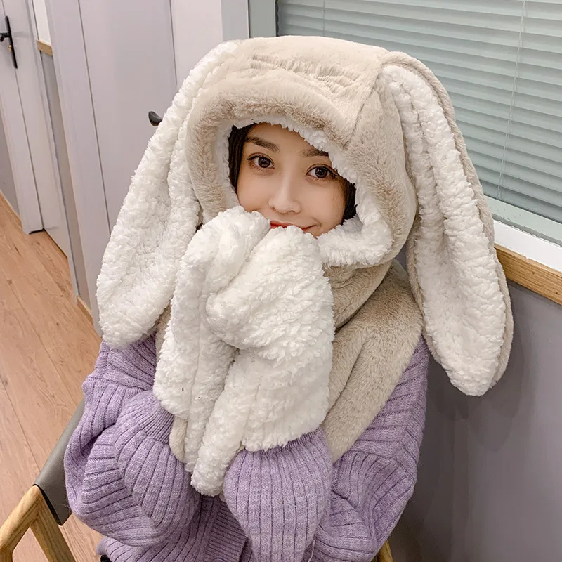 Kawaii Funny Rabbit Hat Long Ears Cute Cartoon Skullies Beanies Women Autumn Winter Warm 3 In 1 Gloves Scarf Hat Birthday Gift