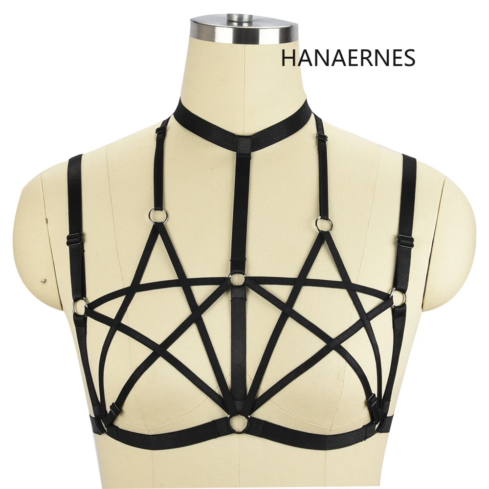 Arnés con tiras de doble pentagrama para mujer, sujetador de jaula, Top de Bondage para pecho, lencería Sexy, ropa interior erótica gótica Punk, ropa fetiche elástica