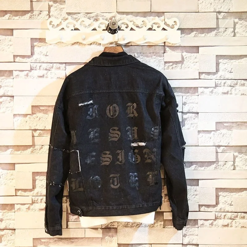 

Men Autumn Hole Ripped Denim Jacket Fashion Loose Long Sleeve Cowboy Coat Street Pocket Single Breasted Black Outerwear Men