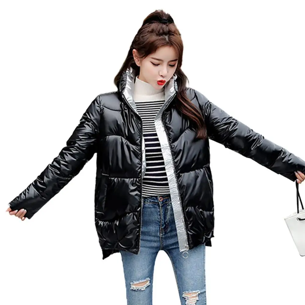 40%HOTFashion Women Autumn Winter Glossy Stand Collar Jacket Cotton Liner Down Coat