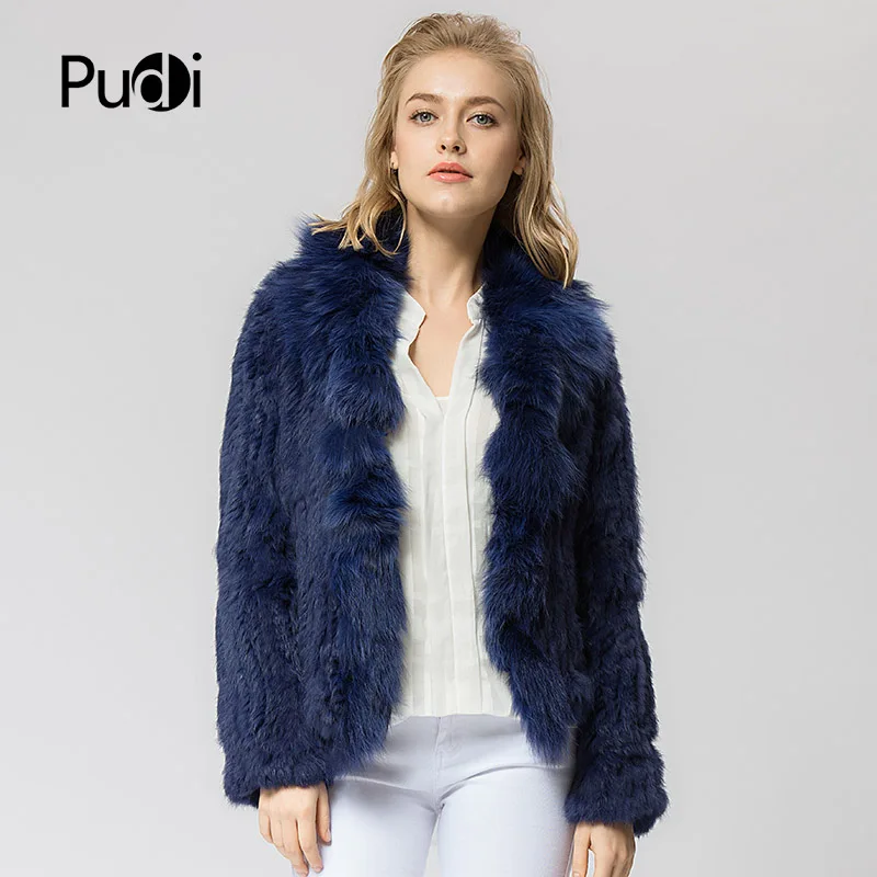 CR072 Knitted Real Rabbit Fur Coat Overcoat Jacket With Fox Fur Collar Russian Women\'s Winter Thick Warm Genuine Fur Coat