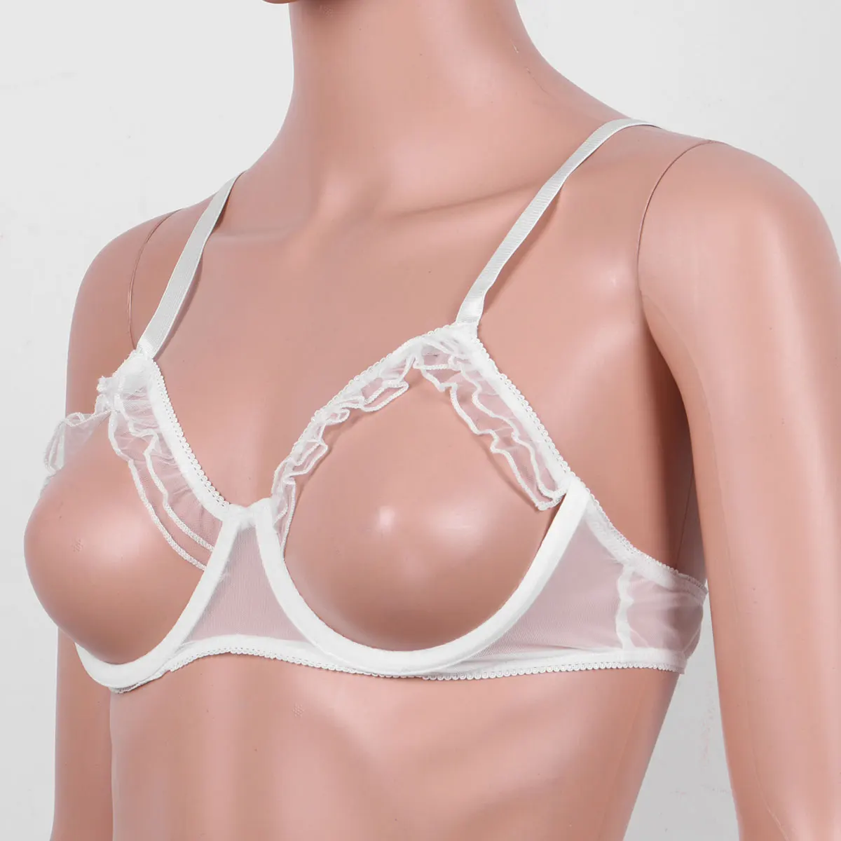 Womens Lingerie Spaghetti Straps Erotic Underwired Open Bras See Through Sheer Mesh Bralette Sexy Open Cup Ruffled Shelf Bra Top