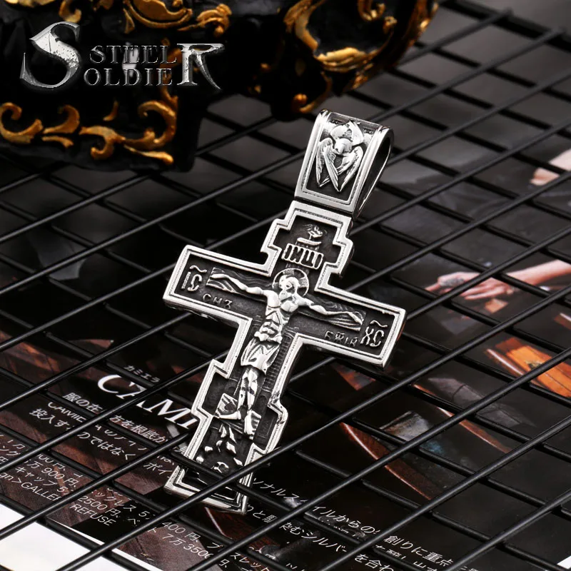 Steel soldier Jesus Cross Men\'s  Stainless Steel Crucifix Eastern Orthodox  Pendant Chain Necklace Jewelry