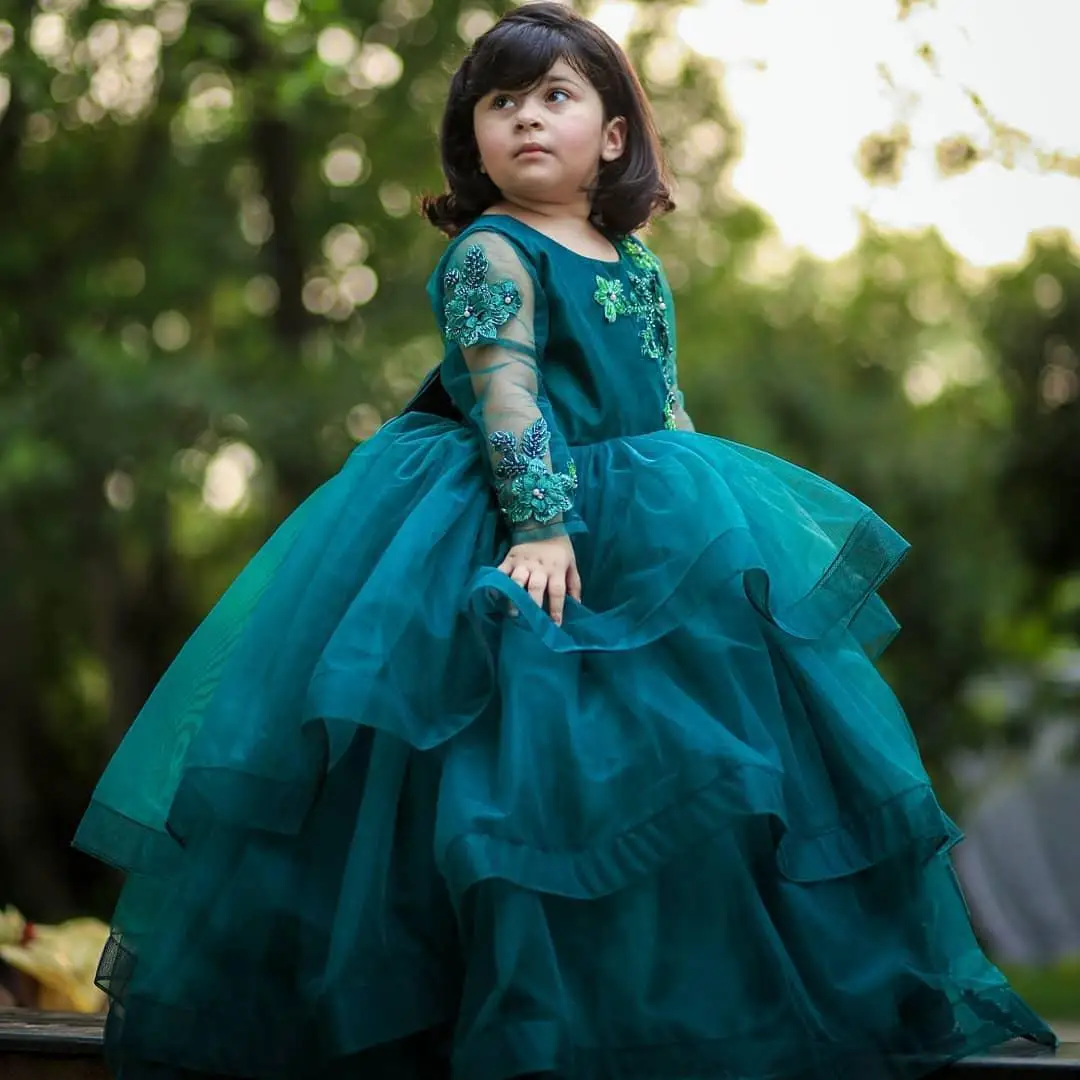 Smaragd Grün Blume Mädchen Kleider für Hochzeiten mit Perlen Prinzessin Volle Hülse Ballkleid Vintage Pageant Kleid für Kleine Kinder