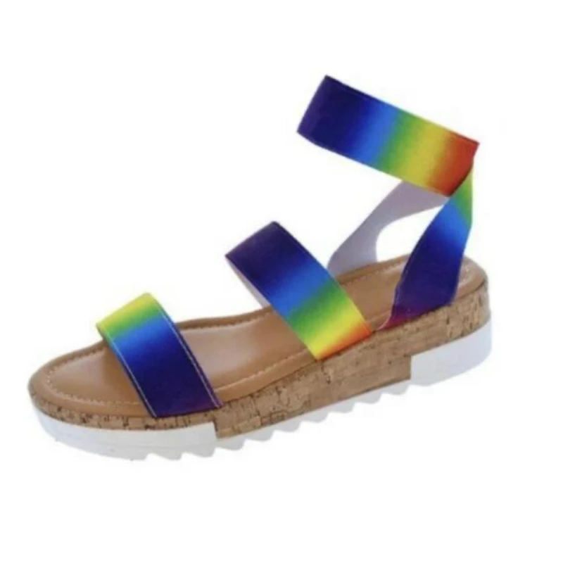 Delle donne di Estate Cinturino Alla Caviglia Sandali Arcobaleno Incunea Della Piattaforma di Colore Tacco Peep Toe di Modo Casual Spiaggia Scarpe