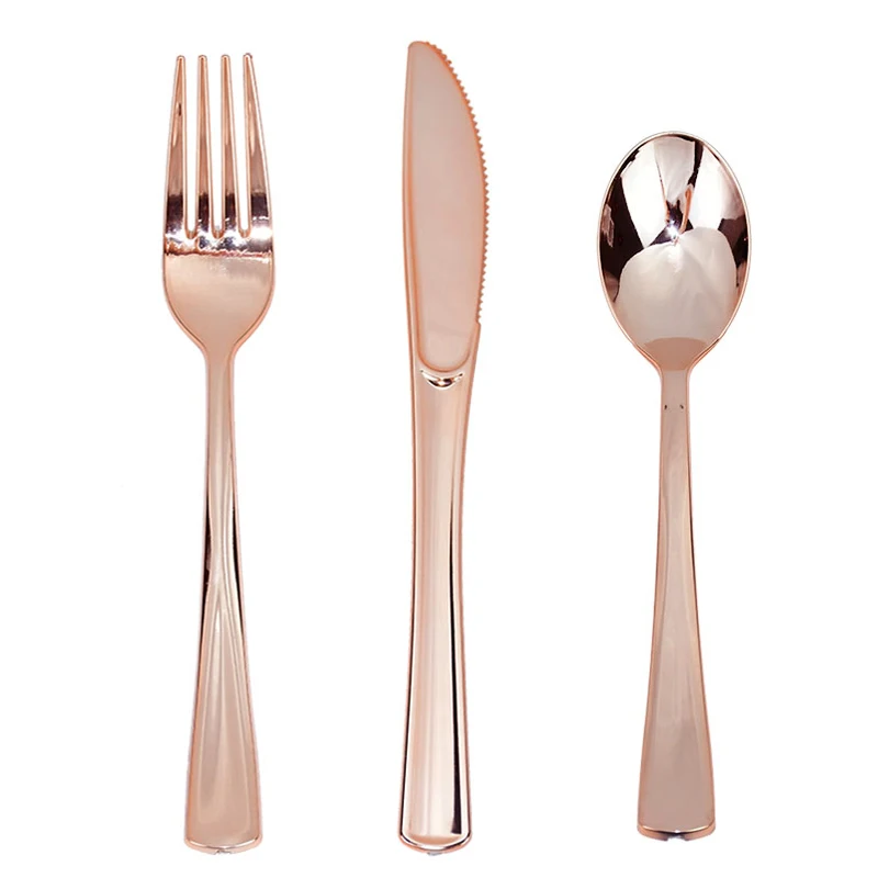 18Pcs Rose Gold Plastic Disposable Tableware Dessert Knives Forks Spoon Wedding Birthday Party Decoration Supplies Cutlery Set