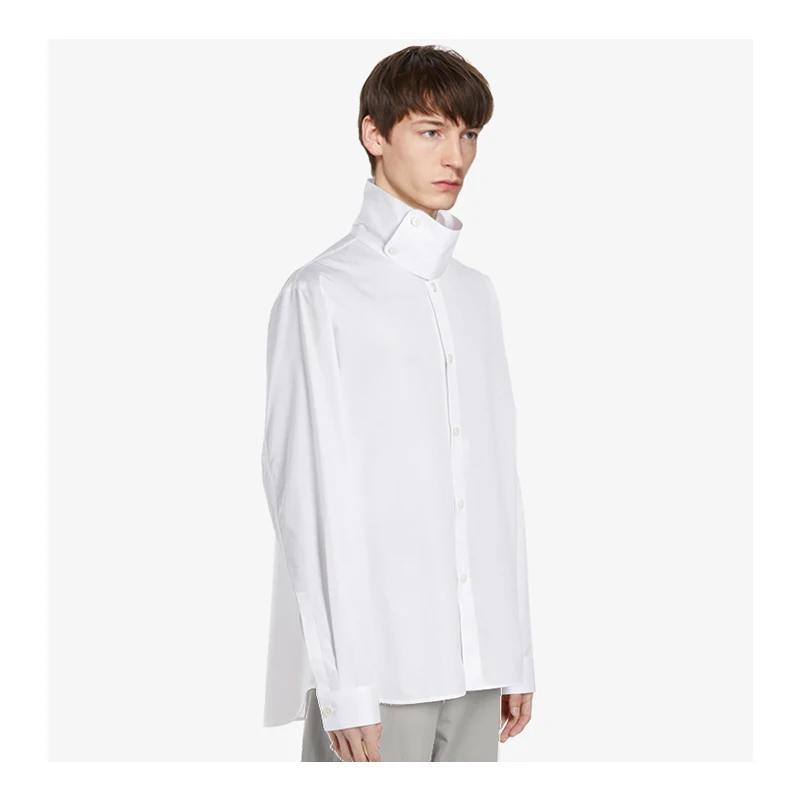 Men's new classic simple white Japanese high collar button removable shirt loose casual large size shirt