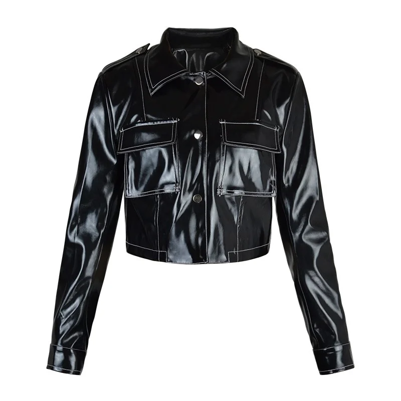 Blouson en similicuir Pu femme, court et brillant, Style Punk, poches pour motard, à la mode, simple boutonnage