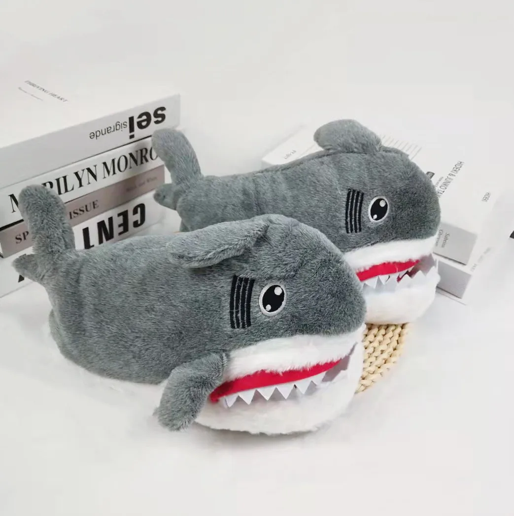 Funny Fuzzy Shark Slippers Men Women Free Size Winter Indoor Cotton Shoes Girls Adult Fluff Animal Slippers House Shoes Fish