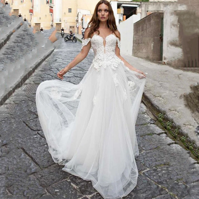 Simple Sexy Strapless Wedding Dresses 2024 Illusion Tulle Off Shoulder Backless Lace Applique Sweep Train Tailor-Made Bride Gown