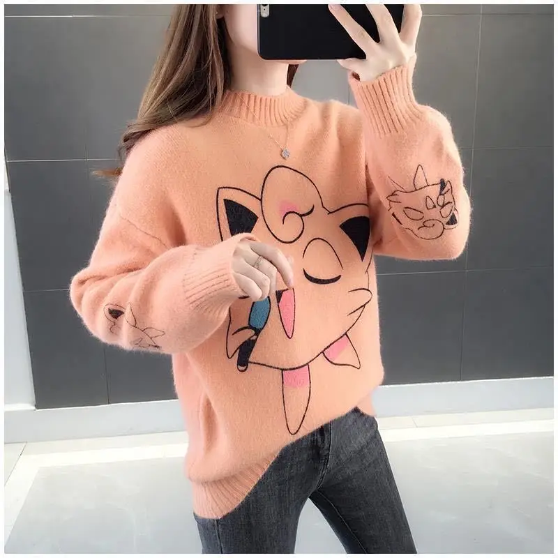 New Spring Japanese Autumn Women Sweater Long Sleeve Casual Cartoon Anime Singing Little Cute Cat Harajuku Knitt Pullover Female