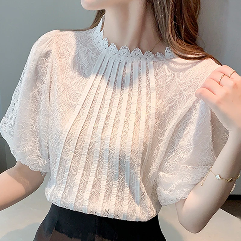 Summer Short Sleeve Blouse Women Stand Collar Lace White Blouse Shirt Tops Women Blusas Mujer De Moda 2024 Blouses Femme F08