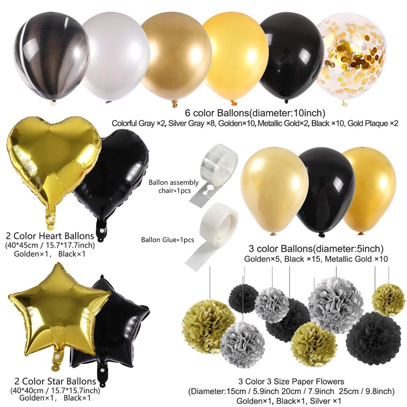 Nero Oro Foil Palloncini Buon Compleanno Decorazioni Del Partito per Adulti Forniture Banner di Tessuto Pompon di Carta del Regalo di Anniversario