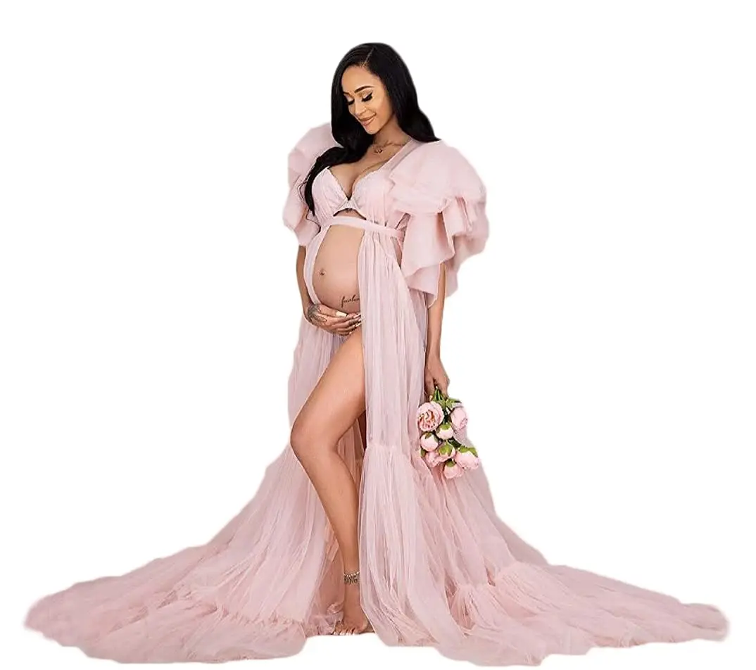 Materinty Photoshoot Pregnant Women Robe Bridal Shawl Corset Dress Puffy Sleeves Fluffy Multilayer Fotografie Gowns with Belt