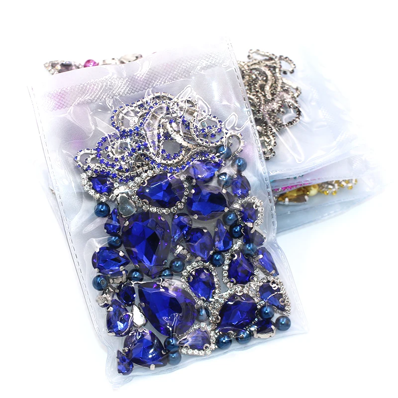 New Arrival Drop Shape Royal Blue Mix Size Glass Crystal Stones Pearl Beads Cup Chain Rim Rhinestones For Clothing/Wedding Dress