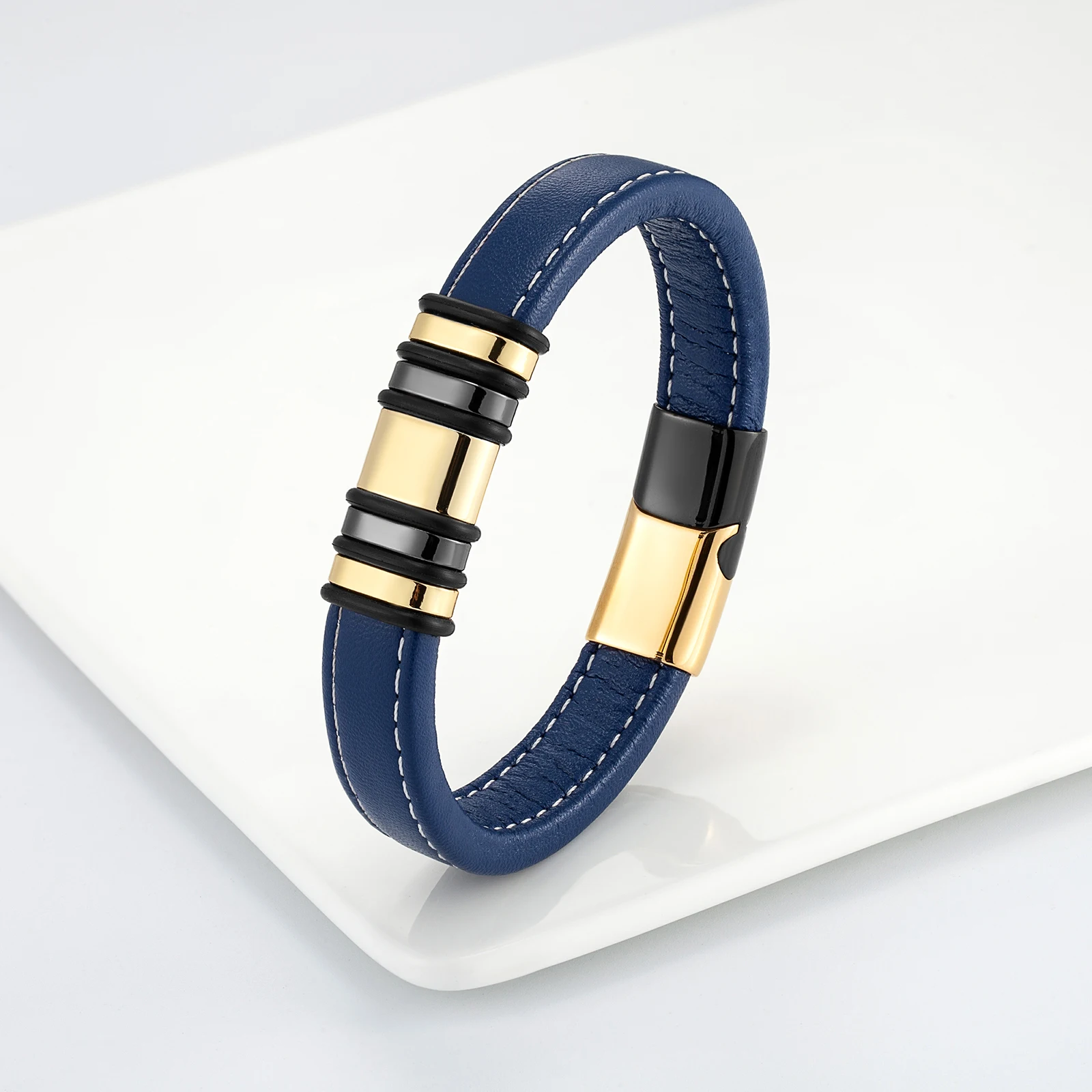 2021 New Fashion Simple Punk Style 5 Ring Stainless Steel Men\'s Classic Bracelet Blue Wide Leather Rope Charm Bracelet
