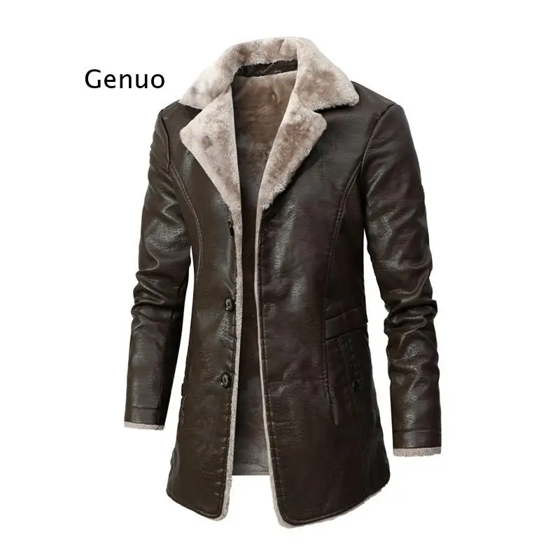 

New Plus Velvet Leather Jacket Men Solid Color Single Breasted Business Long Winter Jacket Men Fashion Warm Men's Jacket