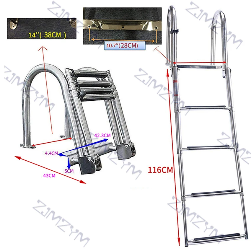 Imagem -04 - Escada Dobrável para Barco Degraus Reforçado 316 Escada Telescópica Plataforma de Natação Acessórios para Barco Iate Aço Inoxidável