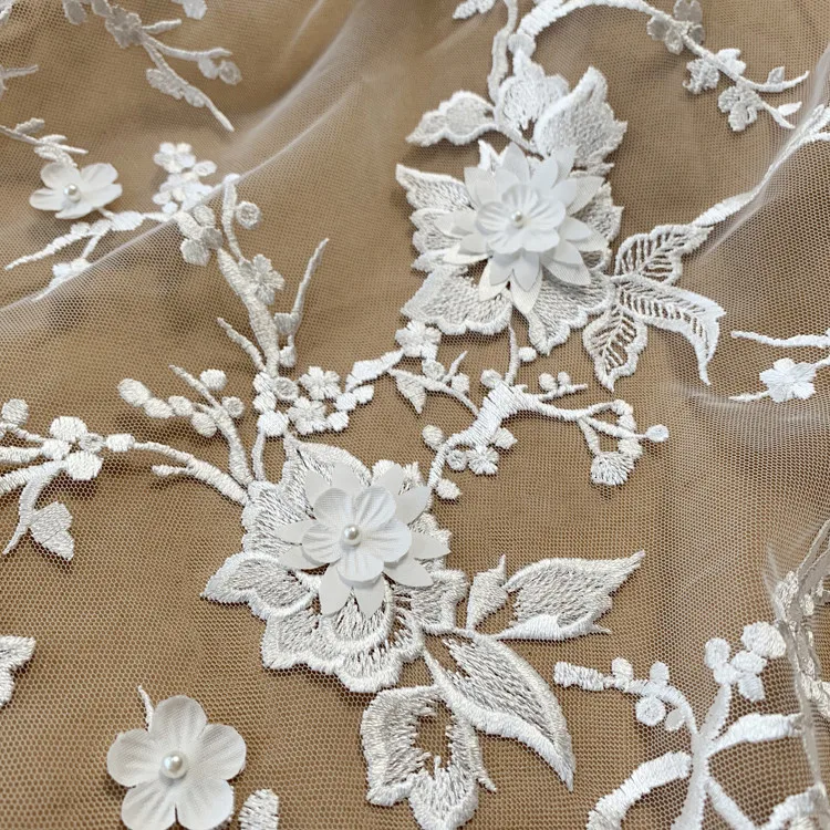 1Yard 3D Pearl Beaded Flower Petal Lace Fabric , Off White Satin Blossom Bridal Couture Wedding Fabric Lace by yard 130cm wide