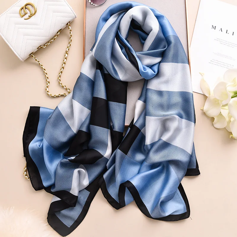 Designer Brand Women Silk Scarf Luxury Plaid Long Scarves Beach Pareo Stole Foulard Femme Bandana Hijab Lady Shawls and Wraps