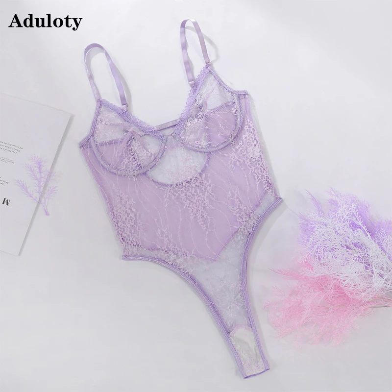 

New women's sexy Teddy bodysuit lingerie lace mesh see-through underwire gather bra embroidery one-piece pajamas underwear