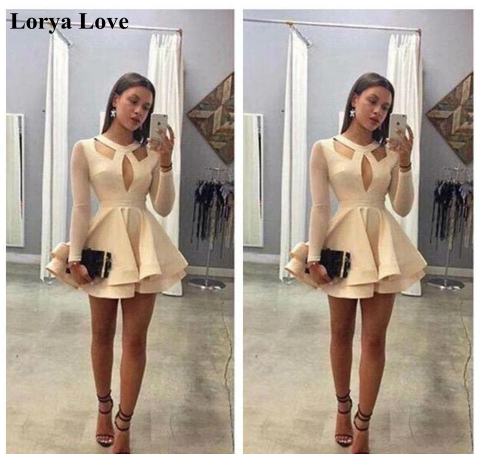 

Champagne Cocktail Dresses 2025 Satin Short Prom Dress Long Sleeves Sexy Cut-Out Homecoming Gowns Women Elegant Graduation Dress