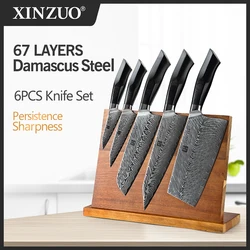 XINZUO 6PCS Best Kitchen Knives Sets With Excellent Acacia Wood BlocK Super Sharp Japanese Damascus Steel Knives Set G10 Handle