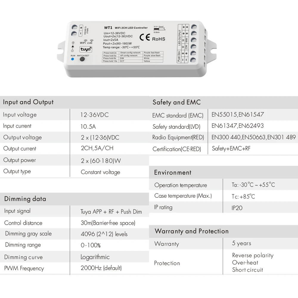 2in1 WiFi Smart Led Controller 12V 24V Dimmer CCT Strip Wall Mounted Touch Control Tuya SmartLife APP Alexa Google Voice Control