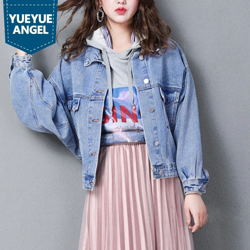 Boy Korea Friend Style Batwing Sleeve Single Breasted Lapel Women Denim Jackets Vintage Casual Loose Fit Jeans Coats Streetwear