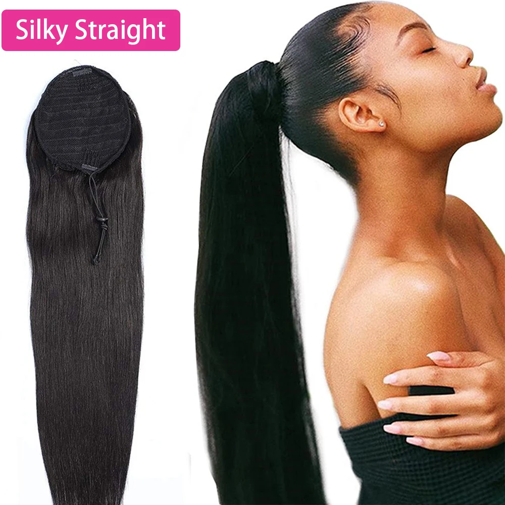 30 32 34 inch Ponytail Human Hair Extensions Straight Human Ponytail Drawstring & Wrap Ponytail 10A High Quality