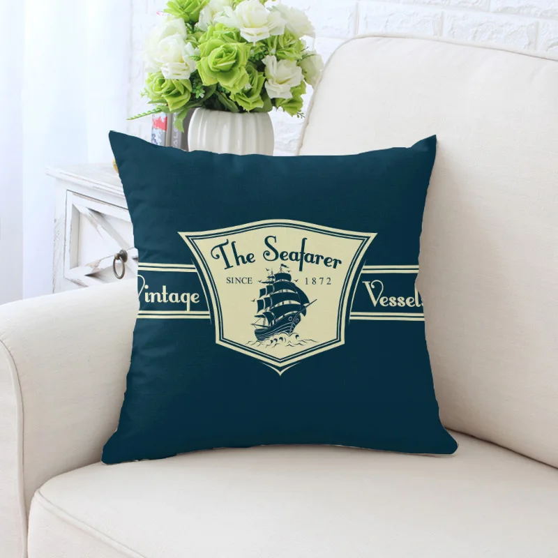 Hot Ocean Voyage Deep Blue Cushion Cover Polyester Twill Fabric Sailing Mediterranean Style Retro Pillowcase Decorative Home 18