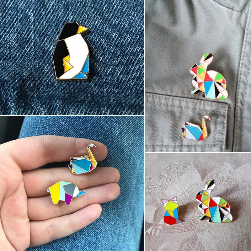 Fashion Origami Crane Rabbit Penguin Elephant Cat Goose Whale Horse Brooches Colorful Splicing Animal Enamel Pins Badges Jewelry