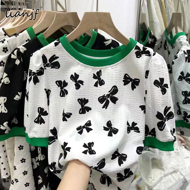 Bow T-shirt Hit Color Patchwork Print Knitwear T Shirt Women O Neck Pullover Short Sleeve Tees Summer 2021 New Causal Ladies Top