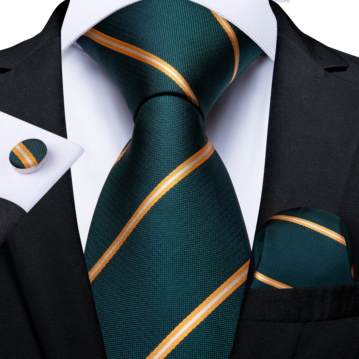 New Green Gold Striped Men's Silk Ties 8cm Business Wedding Party Necktie Pocket Square Cufflinks Men Gift Gravatas DiBanGu