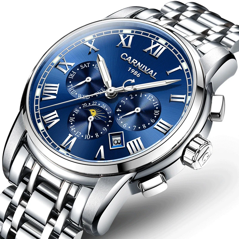 Switzerland CARNIVAL Luxury Automatic Mechanical Multi-function Men's Watches Luminous Hands Moon Phase Waterproof Clock C8008G